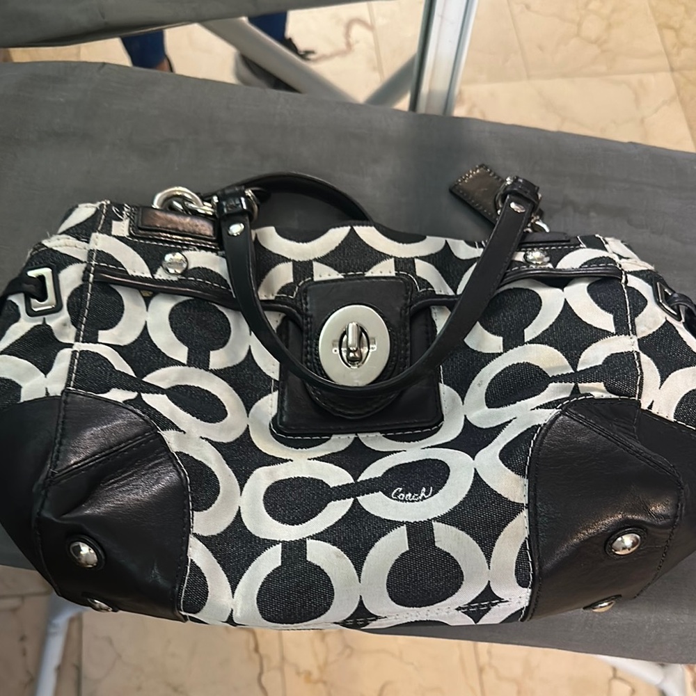 Coach Black and White Shoulder Bag with Monogram Pattern